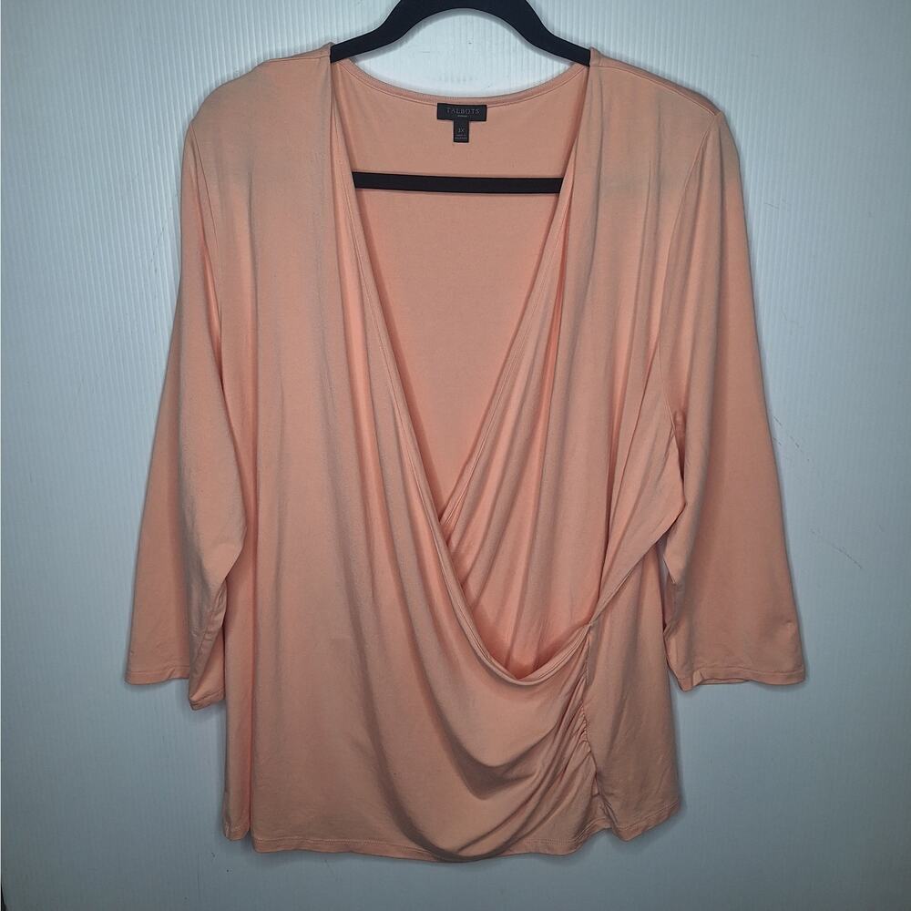 Talbots Woman Faux Wrap Top 3X Stretch Jersey 3/4 Sleeve Peach Ruched V-Neck - Picture 2 of 8